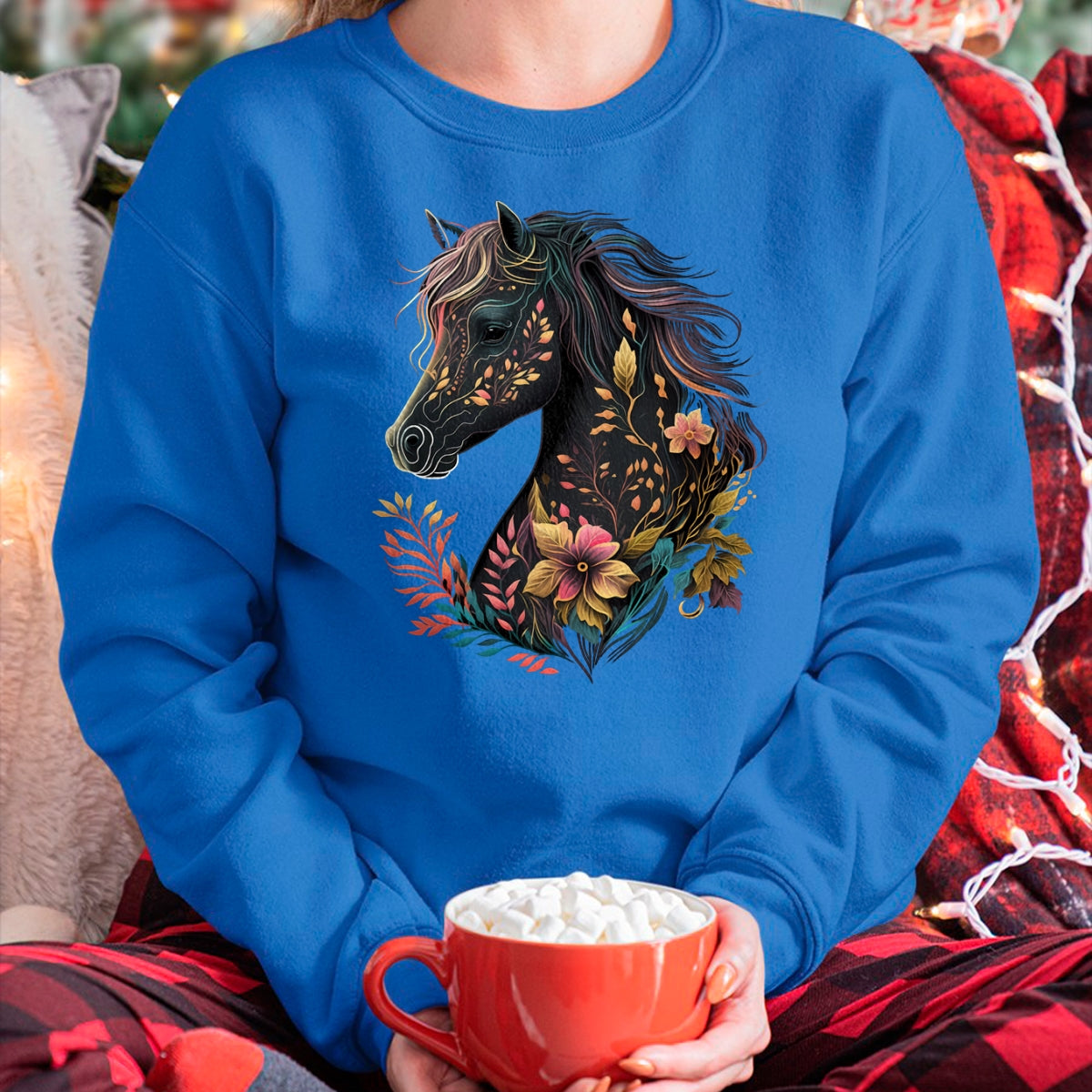Best Horse Lover Shirt , Funny Horse UnisexT-Shirt/Hoodie/Sweatshirt HLT00 - Beautiful Horse with Flowers and Plants Equestrian Art Black Long Sleeve T-Shirt