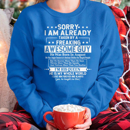 Best Wife Shirt, Wife and Husband Unisex T-Shirt/Hoodie/Sweatshirt HLT00 - Sorry I Am Already Taken By A Freaking Awesome Guy AUGUST T-Shirt