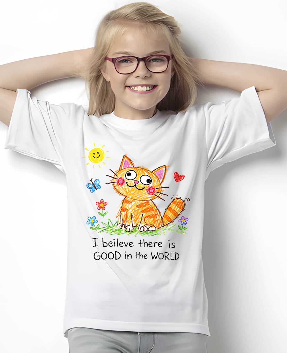 Cute Cat Crayon Drawing Shirt – “I Believe There Is GOOD In The WORLD” Positive Quote Tee, Feel-Good Gift Idea - NTTD00 (SKU2603-283)