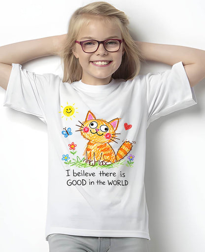 Cute Cat Crayon Drawing Shirt – “I Believe There Is GOOD In The WORLD” Positive Quote Tee, Feel-Good Gift Idea - NTTD00 (SKU2603-283)