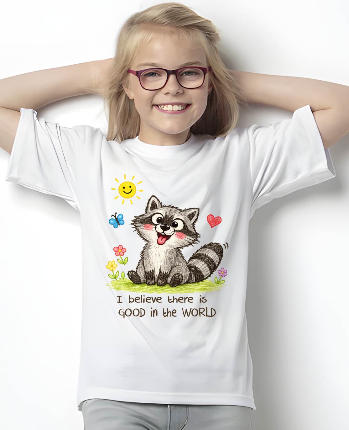 Cute Racoon Crayon Drawing Shirt – “I Believe There Is GOOD In The WORLD” Positive Quote Tee, Feel-Good Gift Idea - NTTD00 (SKU2603-288)