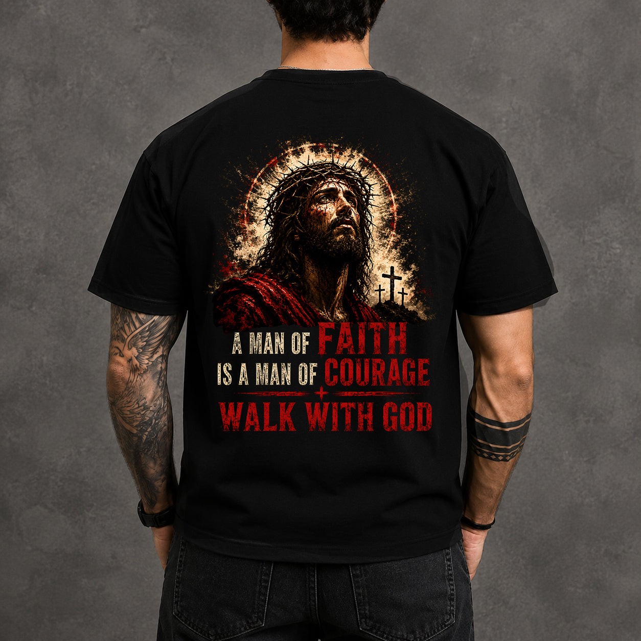 A MAN OF FAITH IS A MAN OF COURAGE  - CHRISTIAN T-SHIRT - FOR MEN NTTD00 (SKU2608-72)