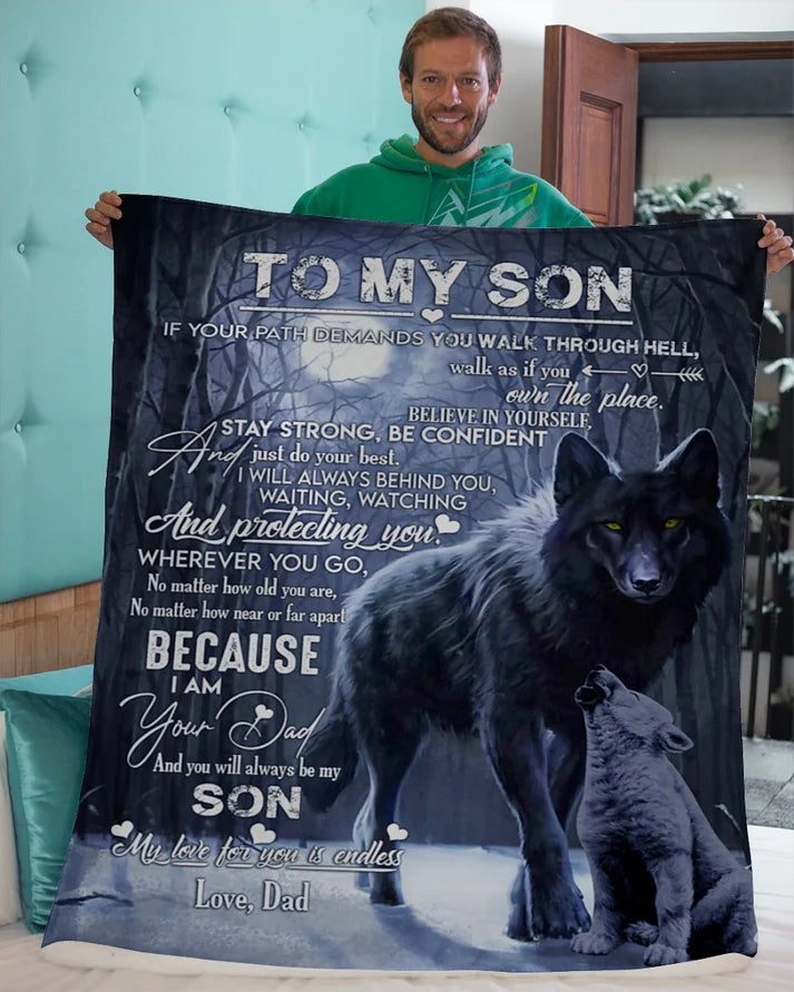 Dad to Son Blanket – Heartfelt Message & Wolves Design (SKU06-96)