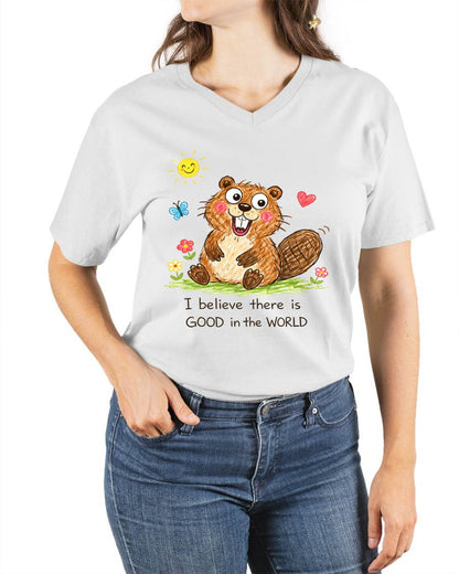 Cute Beaver Crayon Drawing Shirt – “I Believe There Is GOOD In The WORLD” Positive Quote Tee, Feel-Good Gift Idea - NTTD00 (SKU2603-289)