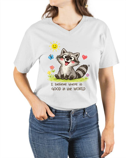 Cute Racoon Crayon Drawing Shirt – “I Believe There Is GOOD In The WORLD” Positive Quote Tee, Feel-Good Gift Idea - NTTD00 (SKU2603-288)